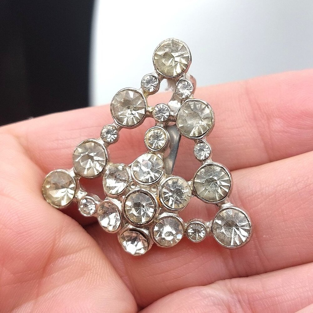 Vintage Rhinestone Christmas Tree Brooch Triangle Design Pot Metal Silver Tone